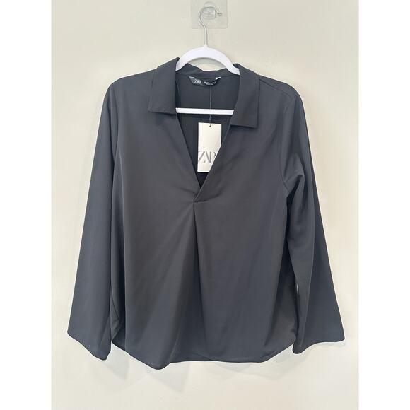 NWT Zara Long Sleeve V-neck Collared Shirt Blouse Bell Sleeves Large 2184 - Picture 1 of 7